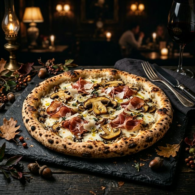 Pizza Autunno – porcini tartufati, speck, scaglie di grana